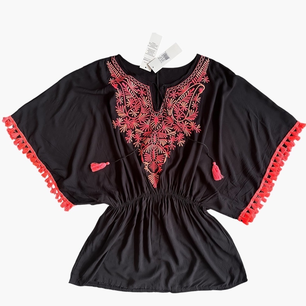 La Moda Clothing True Colours Black Embroidered Tassel Tunic Top One Size NEW